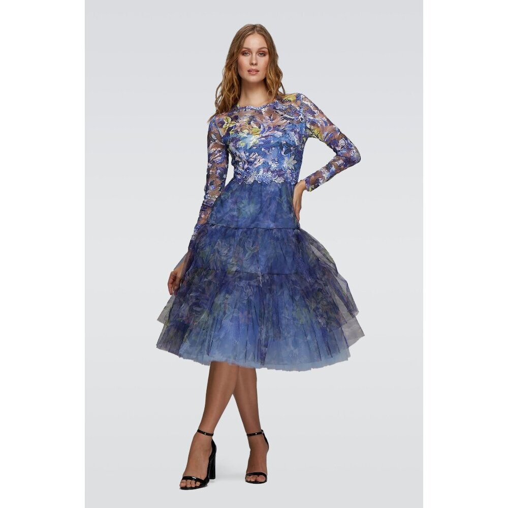 OLVI'S Elegant Blue and Purple Lace Midi Dress